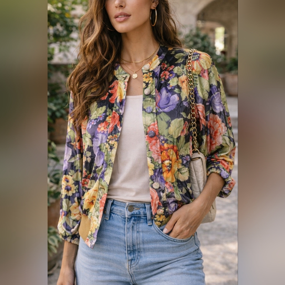 Vintage Floral Satin Bomber Jacket USA Made  Romantic Cottagecore